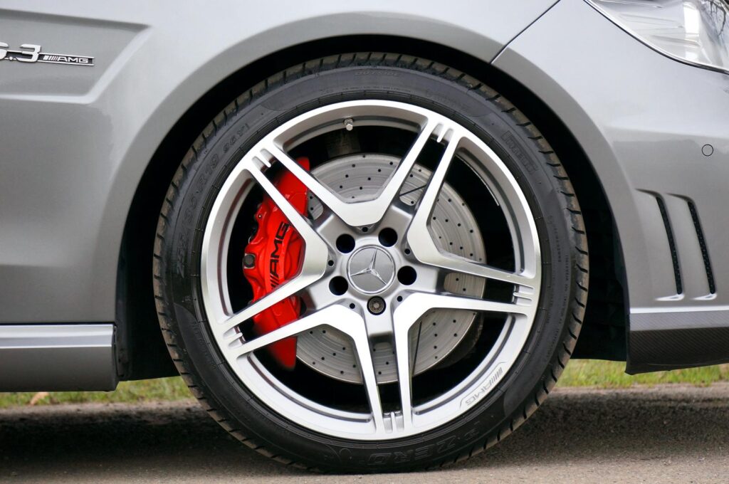 Detailed close-up of a Mercedes-Benz AMG wheel showcasing the design and luxury automotive craftsmanship.